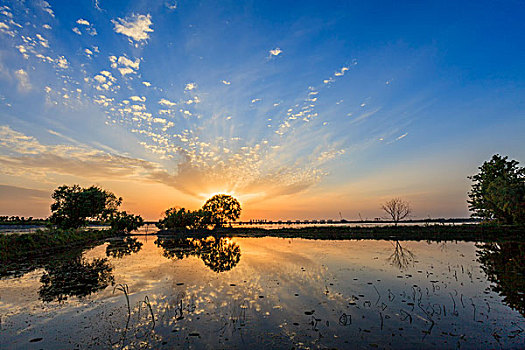 落日,夕阳,湖面,彩霞,倒影,美景,风光