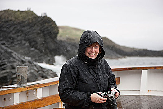 女人,雨,拿着,相机,岛屿,苏格兰