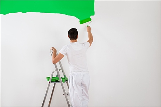 男人,描绘,墙壁,绿色,油漆滚