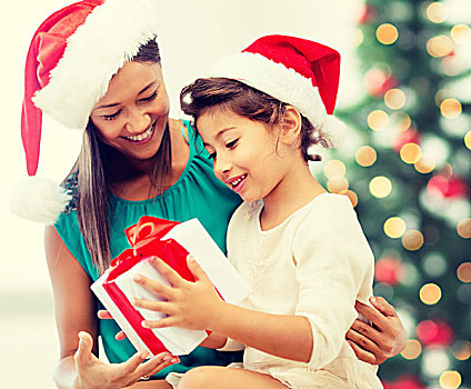 休假,礼物,圣诞节,圣诞,概念,高兴,母子,女孩,圣诞老人,帽子,礼盒