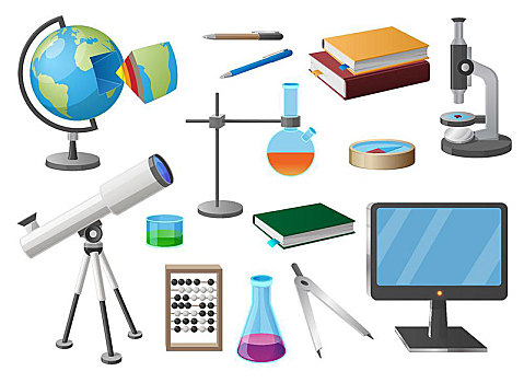 多样,学校,物体,卡通,插画,隔绝,矢量,白色背景,风格,科学,工具,宽屏显示器,课本,文具,物品