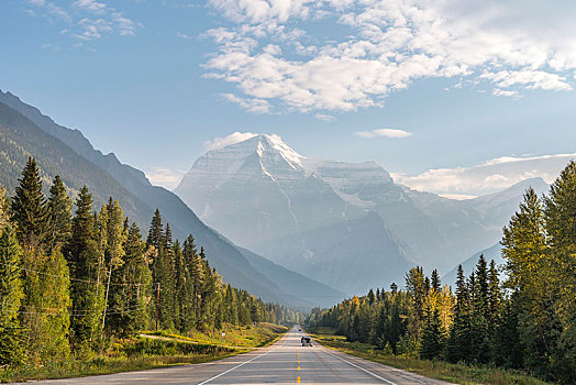 公路,雪冠,山,背影,罗布森山,不列颠哥伦比亚省,加拿大,北美