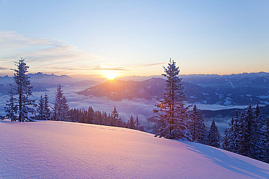 风景,日出,高处,萨尔札赫河谷,贝希特斯加登,阿尔卑斯山,奥地利