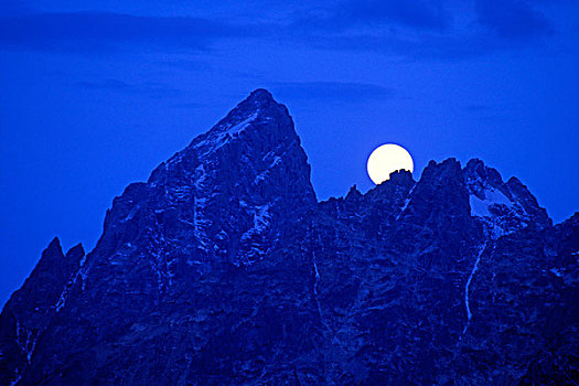满月,后面,大提顿山,黎明,大台顿国家公园,怀俄明