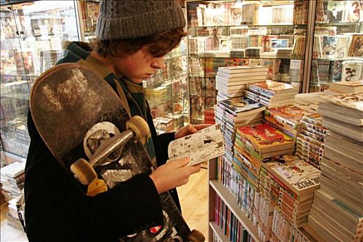 书店,男孩,读,拿着,滑板