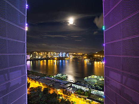 三亚湾凤凰岛地标建筑鸟瞰城市全景图