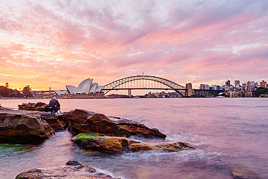 悉尼,歌剧院,海港大桥,摩天大楼,日落,新南威尔士,澳大利亚,大洋洲