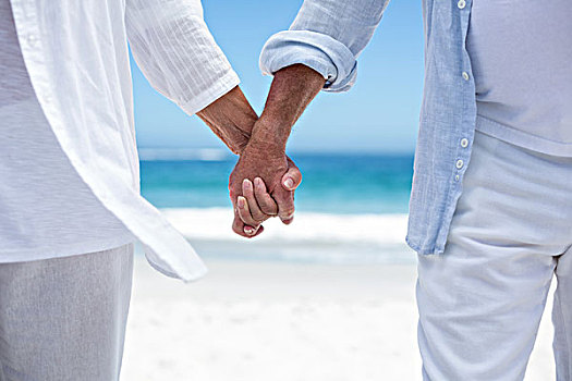 老年,夫妻,握手,海滩