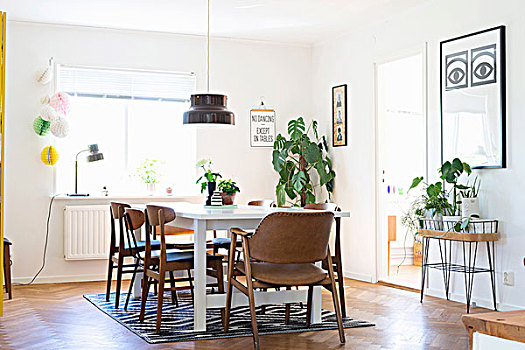 复古,椅子,木质,白色,餐桌,仰视,吊灯,正面,盆栽植物,靠近,窗户