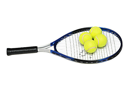 网球拍,四个,球,隔绝,白色背景