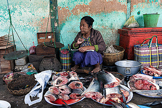 鱼贩,鱼市,蒲甘,缅甸,亚洲