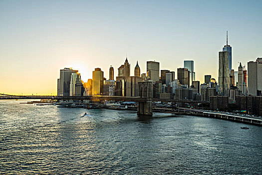 天际线,布鲁克林大桥,日落,市区,曼哈顿,纽约,美国,北美
