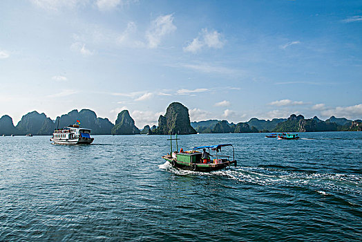 越南广宁鸿基市下龙湾海上石林间穿梭的小船