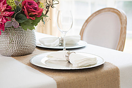 优雅,桌面布置,婚礼,盘子,餐巾