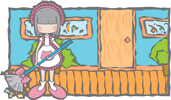 儿童插画,灰色头发,粉色布鞋,小女孩,房间,笤帚围裙,打扫房间