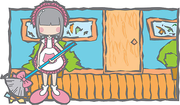 儿童插画,灰色头发,粉色布鞋,小女孩,房间,笤帚围裙,打扫房间