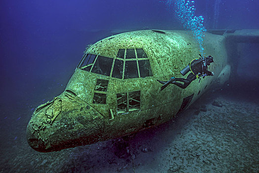 潜水,驾驶室,残骸,运输机,水,红海,靠近
