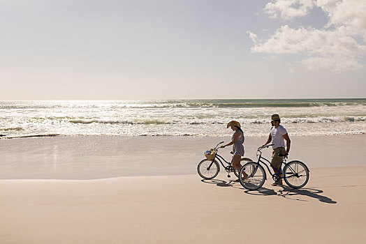 年轻,情侣,自行车,站立,海滩