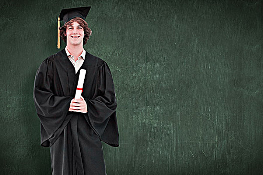 合成效果,图像,微笑,学生,毕业,长袍,绿色,黑板