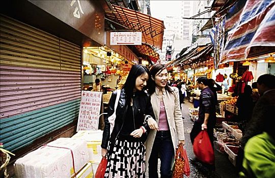 香港,两个,中国,女孩,购物,彩色,湿,市场