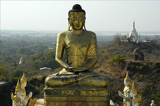 巨大,沉思,佛像,黄金,寺庙,景色,传说,靠近,曼德勒,缅甸,南亚
