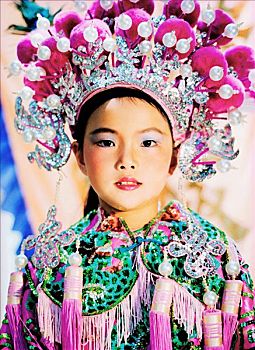 中国,香港,长洲,岛屿,女孩,肖像,穿,传统服装,队列,2000年