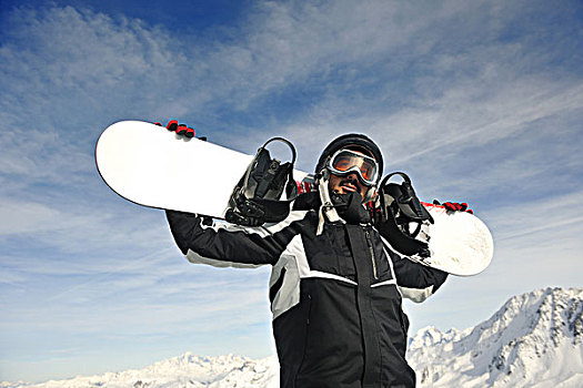 高兴,男青年,放松,雪,滑雪,滑雪板,运动,冬天