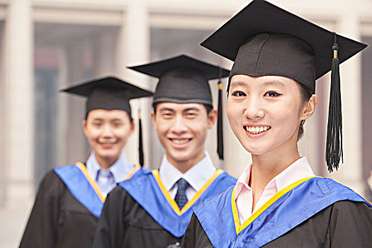 三個,大學,畢業生,微笑,排列