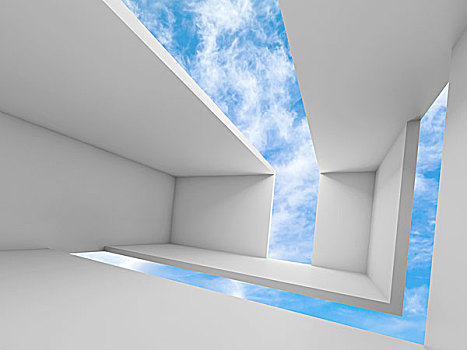 抽象,概念,建筑,空,白色,未来,室内,蓝天,背景,插画