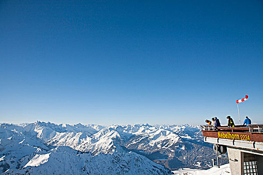 顶峰,车站,山,雾笛峰,阿尔卑斯山,全景,冬天,雪,雪冠,奥伯斯多夫,巴伐利亚,德国,欧洲