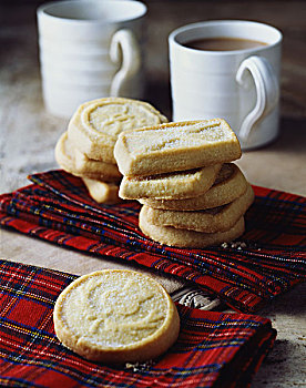 奢华,苏格兰,黄油,奶油甜酥饼,饼干,一堆,格子图案,茶巾