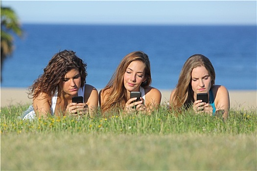 群体,三个,少女,打字,手机,躺着,草