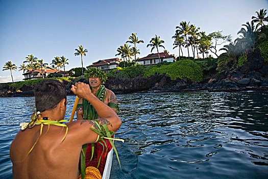 夏威夷,美国,男人,划船,独木舟