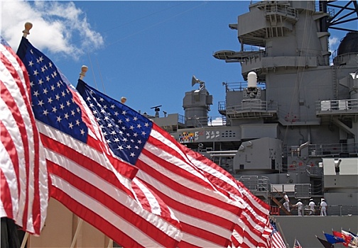 美国,旗,飘扬,旁侧,战舰,密苏里