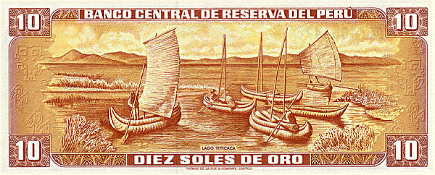 货币,秘鲁,船,高香蒲,芦苇,湖,的的喀喀