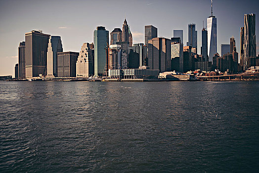 天际线,曼哈顿,老,建筑,挨着,水