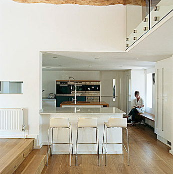 坐,木制长椅,窗户,现代,厨房