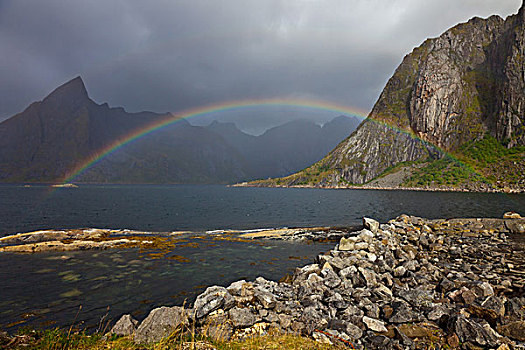 峡湾,彩虹,山,罗弗敦群岛,挪威