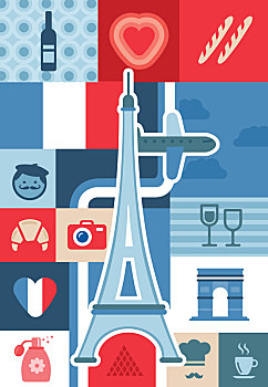 插画,抽象拼贴画,城市生活,地标建筑,巴黎,法国