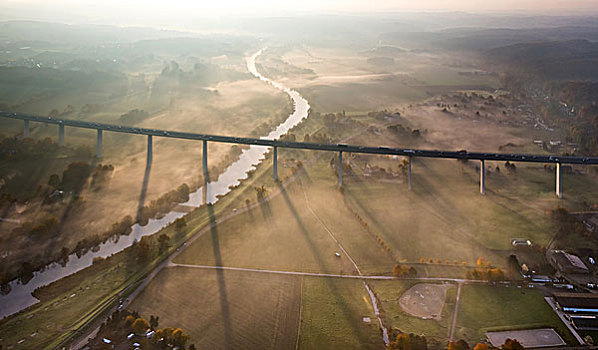 高架桥,上方,雾,秋天,地区,北莱茵威斯特伐利亚,德国,欧洲
