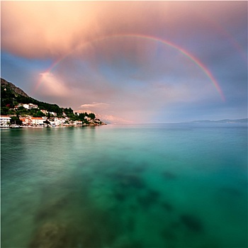 彩虹,上方,岩石,海滩,小,乡村,雨,达尔马提亚,克罗地亚