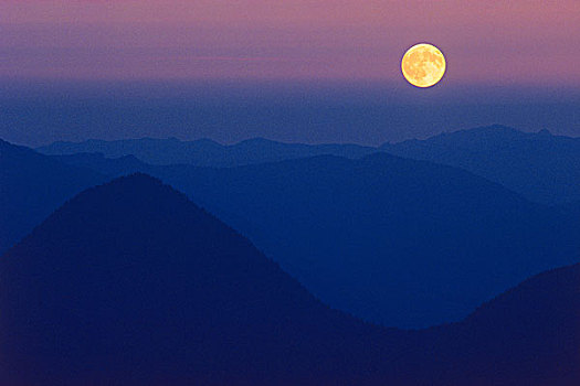 月出,俯视,山峦,雷尼尔山,国家公园,华盛顿,美国