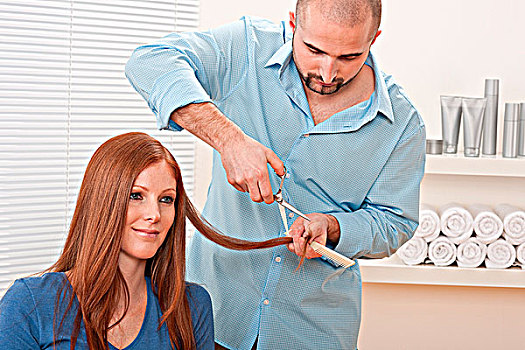 职业,男性,美发师,切削,剪刀,沙龙,女性,红发,顾客,新