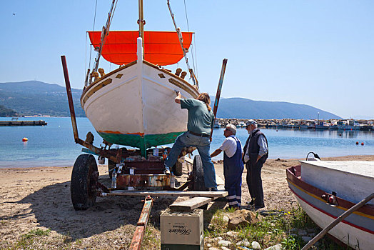 男人,修复,渔船,港口,希腊