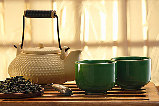 绿色,茶,叶子,茶壶,茶杯