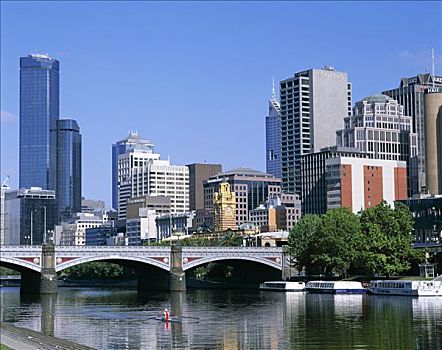城市天际线,亚拉河,墨尔本,维多利亚,澳大利亚