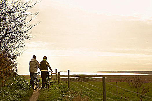 伴侣,自行车,日落,后视图