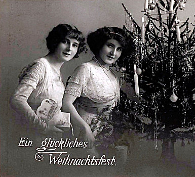 两个女人,站立,圣诞树,文字,德国人,历史,照片