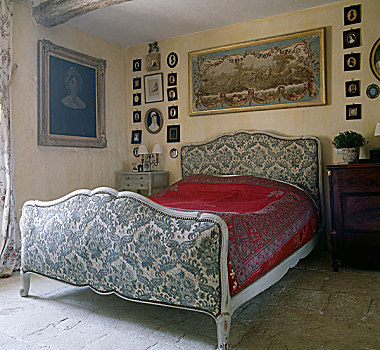 软垫,双人床,蓝色,白色,花饰,角,卧室,安放,大小,框架,墙壁