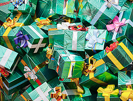 巨大,堆,绿色,礼盒,彩色,蝴蝶结